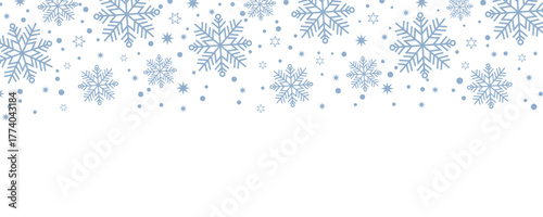 Winter snowflake border background with blue snowflakes and stars on white. Perfect for holiday, seasonal, Christmas, festive, greeting card, and decorative design projects on stock photo websites.