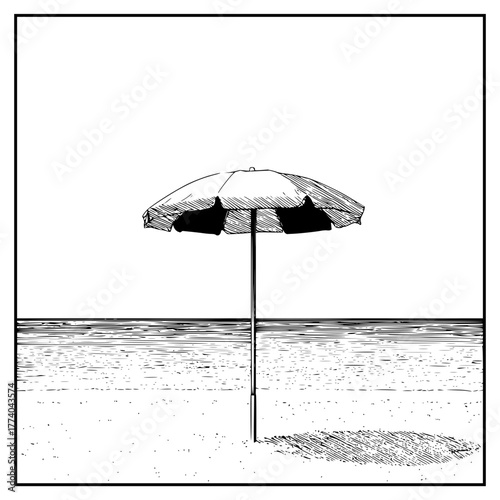 Illustration of a beach umbrella standing on the sand with the ocean visible in the background scene today