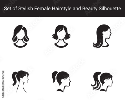 Set of Stylish Female Hairstyle Silhouettes – Elegant Woman Beauty Profile Icons for Salon, Fashion, and Cosmetic Design on White Background