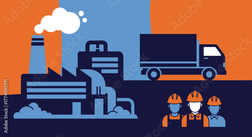 Industrial supply chain illustration Factory building delivery truck and manufacturing workers in hard hats