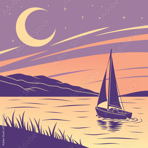 Sailboat on calm water under a crescent moon and twilight sky