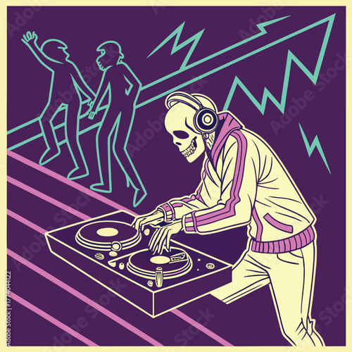 Skeleton DJ Entertaining Dancers At A Retro Party