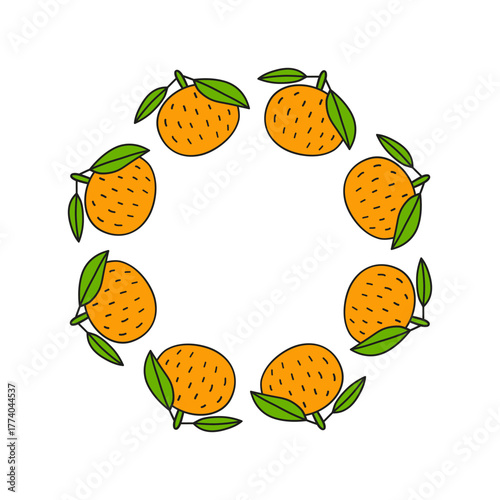 Cute round frame with doodle tangerines isolated on white background. Natural summer illustration. Circle composition with citrus fruits.