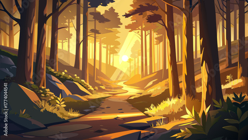 Very beautiful morning light shining through forest trees along hiking trails and deep ravines at Shades State Park, Indiana, USA, creating a peaceful natural landscape with golden tones.