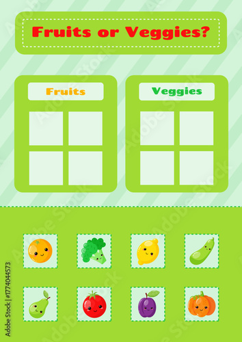 Educational game for kids sort objects. Cute veggies. Fruits or veggies game.Educational activity worksheet.Illustration for kids books and workbooks. Logical quest for children.  Vector illustration.