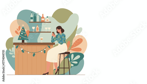 Stylish woman on phone at festive holiday bar decorated with Christmas tree and garland