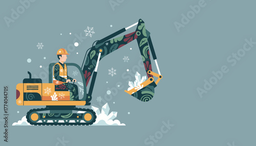 Worker operates patterned excavator in winter snow digging up large crystals Graphic illustration