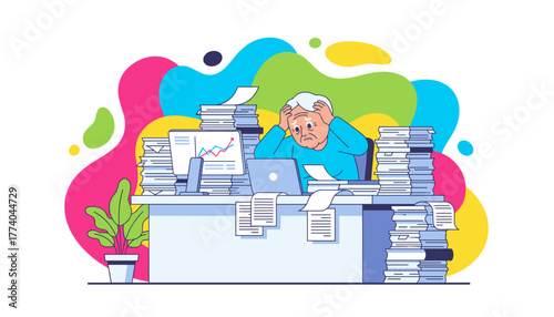 Stressed worker buried in paperwork and deadlines Massive job load and office burnout concept