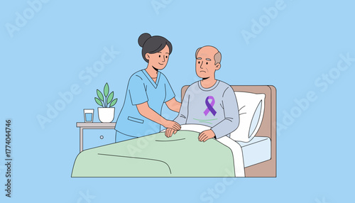Healthcare worker comforts elderly patient in bed with a purple awareness ribbon illustration