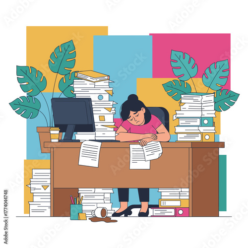 Overworked woman asleep at her desk overwhelmed by excessive paperwork and office burnout