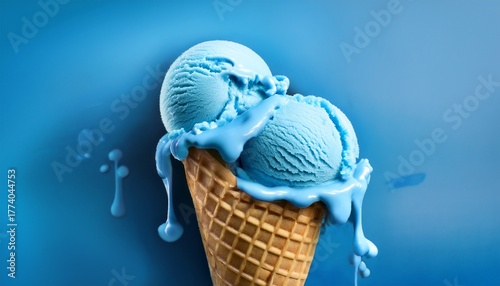 two scoops of blue ice cream melting from a crisp cone
