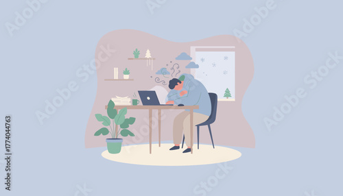 Overworked person suffering burnout at home office desk during winter stress and fatigue concept