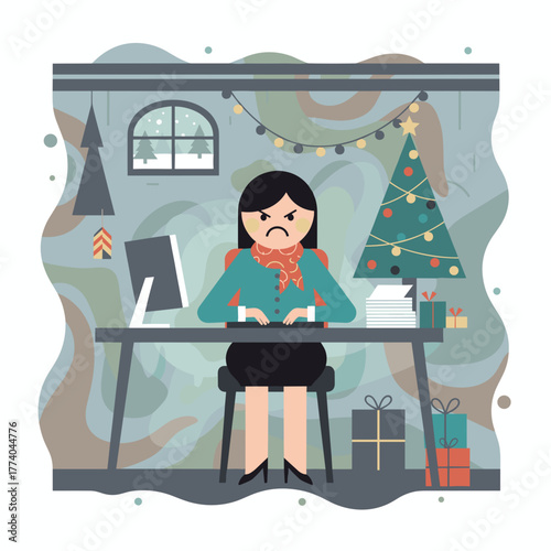 Frustrated businesswoman working at her desk during the stressful holiday season