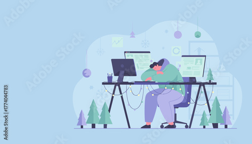 Holiday burnout Tired employee working late and falling asleep at a decorated computer desk