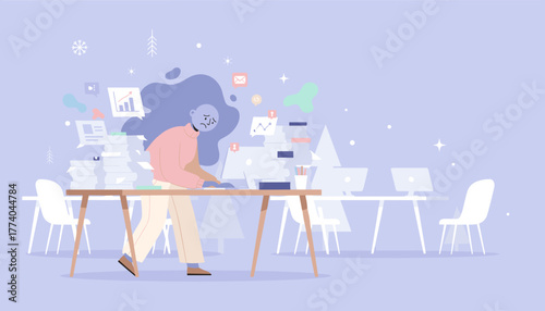 Stressed office worker buried under piles of documents experiencing burnout and job overload