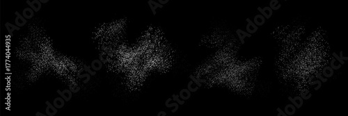 Set of white noise particles isolated on black background. Backdrop with flying sugar or flour powder. Distressed grunge texture. Falling salt crystals. Glittering sparks.