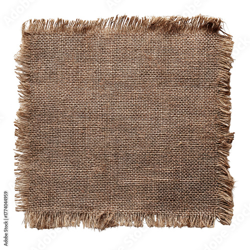 Textured burlap fabric swatch with frayed edges natural fiber material close-up isolated on transparent background