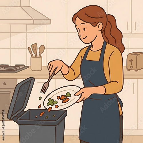 Woman scraping leftover food from plate into trash bin in kitchen Vector Illustration