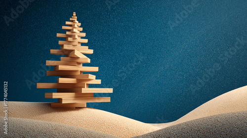 A beautifully crafted minimalistic fir tree made from stacked wooden slats stands gracefully against a tranquil blue backdrop
