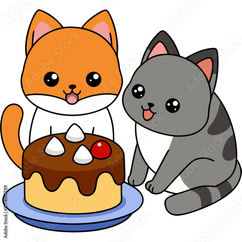 A funny moment between two cats one guarding a cake on a table the other peeking up from underneath on white background