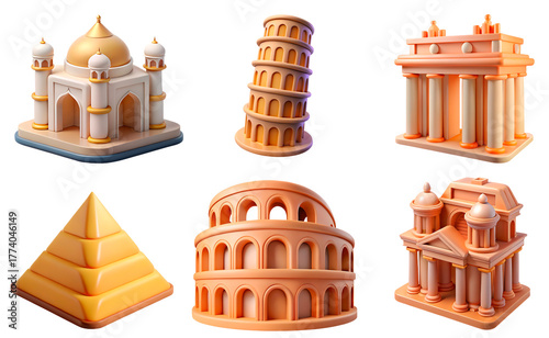 Collection of world most famous landmarks 3d icons. Travel concept