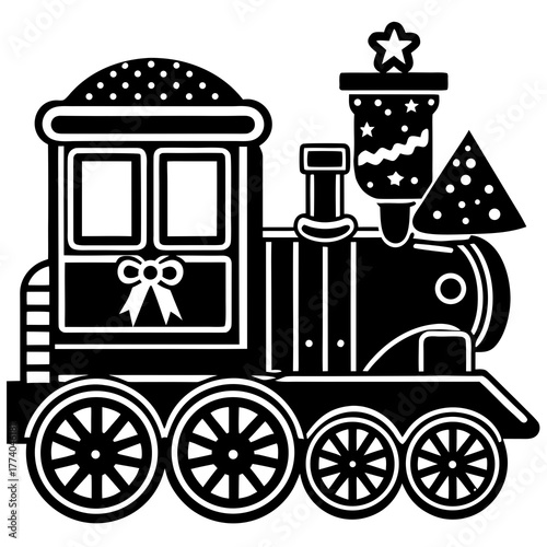 Cute black and white cartoon vector steam train with holiday decorations