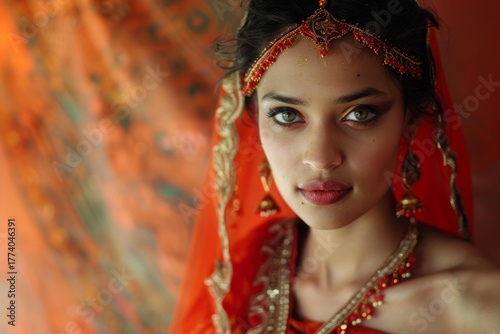 Portrait of a beautiful indian bride wearing a traditional red dress and jewelry, showcasing the rich cultural heritage of india