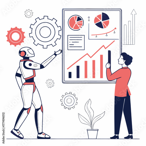 Robot and human analyzing data on a whiteboard