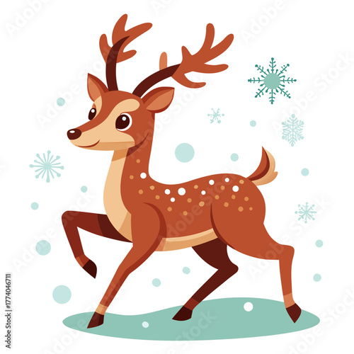 Whimsical cartoon reindeer with antlers and spots prancing in snow