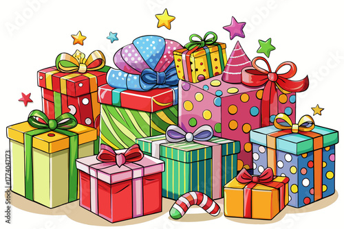 Festive pile of colorful gift boxes with bows and stars, cartoon style