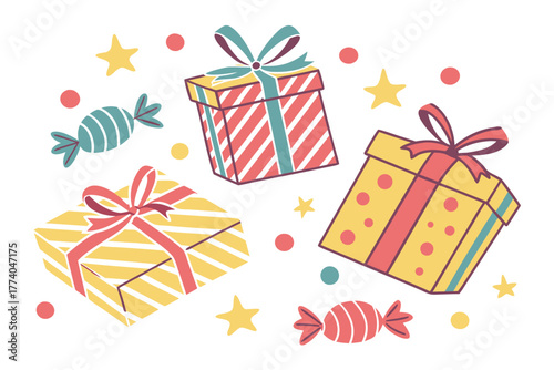 Festive gift boxes and candies with stars and dots, a playful illustration