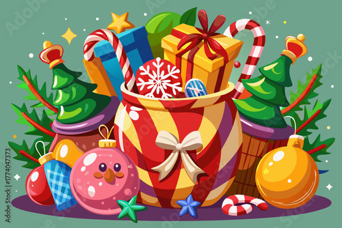 Christmas bag full of gifts, ornaments, candy canes, and fir trees illustration