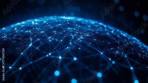 Closeup of a glowing blue digital sphere with interconnected nodes