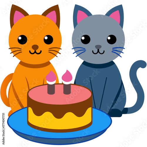 A realistic vector illustration of two cats and a cake one above one below the table full of cute interaction on white background