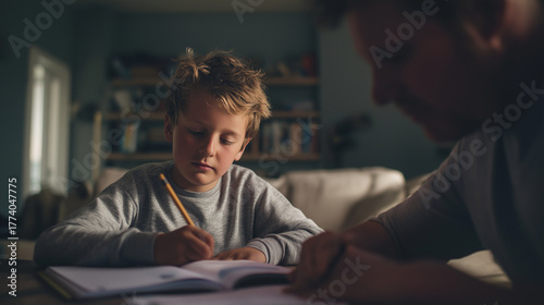 Parent helping child with homework at home, soft evening light, documentary realism, gentle tone