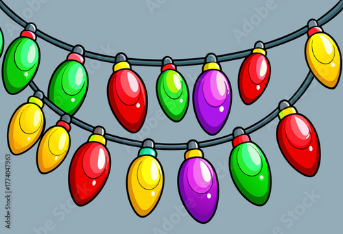 Colorful christmas string lights with cartoon style, holiday decoration