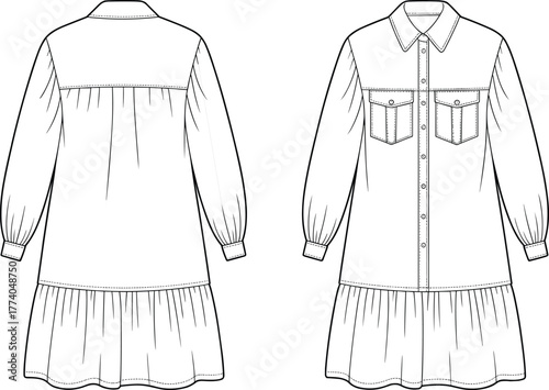 Fashion flat sketch, technical dress illustration, shirt collar design, button down placket, chest pockets, gathered skirt, long sleeves, garment construction, apparel template, 