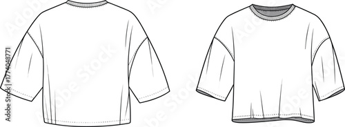 Cropped top, short sleeve fashion, technical flat sketch, apparel design, loose fit, round neckline, dropped shoulder, wide sleeve, stylish clothing illustration
