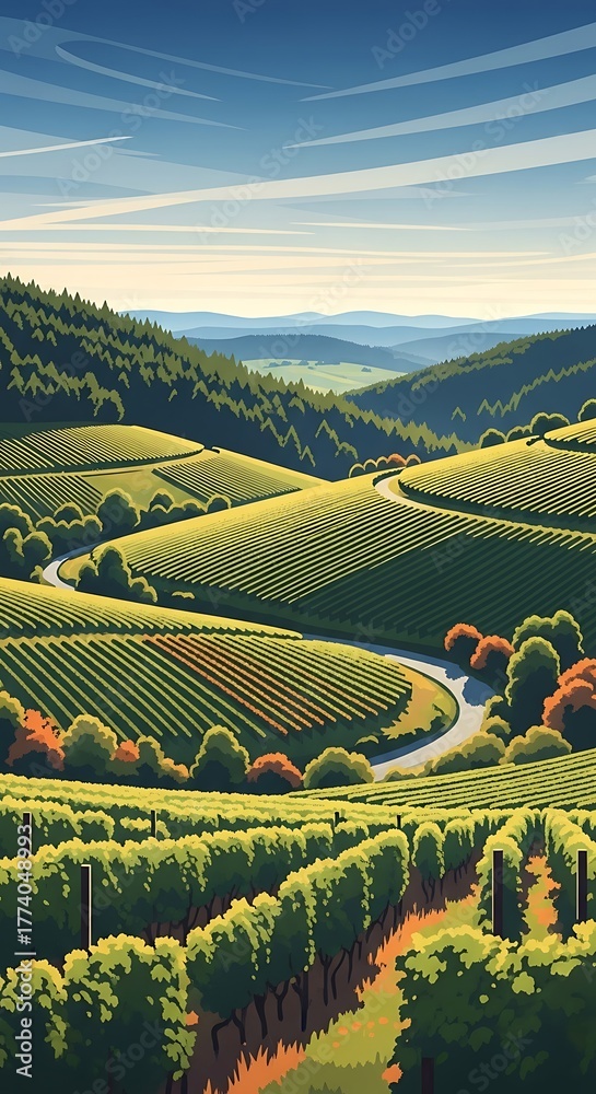 Fototapeta premium Rolling Hills Vineyard Landscape - A Serene Vista of Green and Blue.