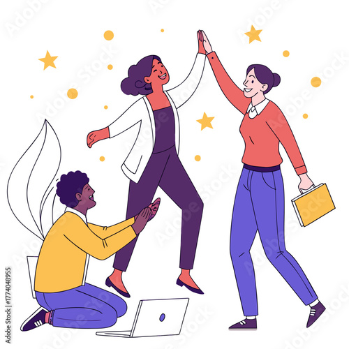 Team members highfiving each other in office