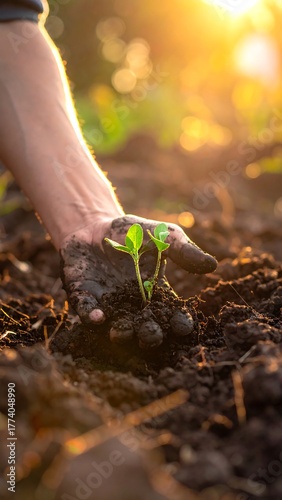 A hand covered in soil holds a tiny plant against a warm, sunlit background