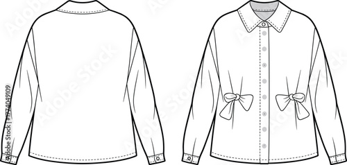 Long sleeve blouse flat sketch, collared button down fashion illustration, apparel design outline, sewing pattern, garment construction vector template, women’s clothing