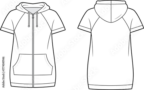 Hooded dress, short sleeve fashion, technical flat sketch, apparel design, zip front, patch pockets, raglan sleeve, casual outfit, stylish clothing illustration