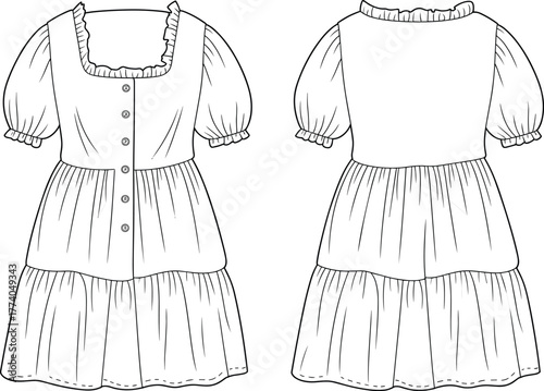 Ruffle trim puff sleeve dress flat sketch, square neckline fashion illustration, tiered skirt apparel design, sewing pattern, garment construction vector template