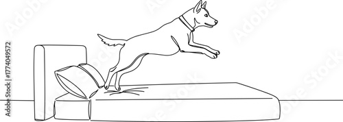 Dog jumping on bed in outline style, concept of line vector, transparent background  
