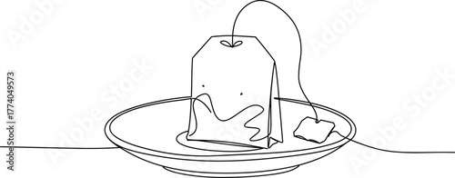 Tea bag resting on a plate with water dripping, line vector, transparent background  