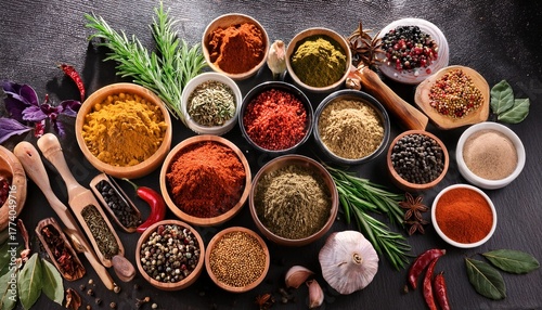 top view of cooking ingredients colorful variety of spices herbs and other ingredients