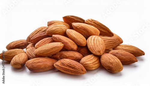 pile of brown almonds isolated on white background
