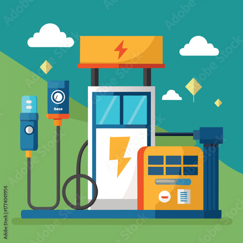 Electric car charging station with power cable and display