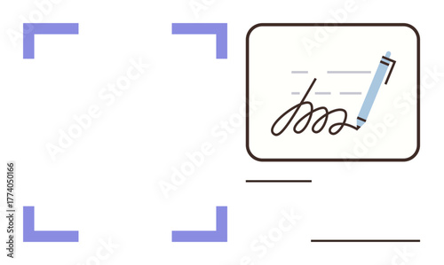 Pen writing on a document with signature and lines. Ideal for digital approval, contracts, e-signatures, business validation, legal agreements, authentication, remote collaboration. Simple flat